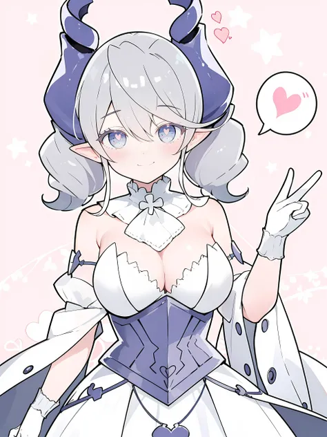 standing, blush, <lora:labrynthv2-000006_character:1> labrynth, grey hair, grey eyes, large breasts, horns, cleavage, white dress, white elbow gloves, smile, abstract background, spoken heart, facing viewer, heart-shaped pupils,, <lyco:GoodHands-beta2:1.0>