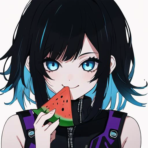 a girl eating watermelon,blue eyes,black hair,cyberpunk,purple highlights,full_shot,sixteen avatars,summer,the cool wind,seductive_smile,
