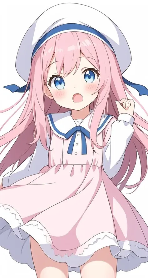 official art,1girl, simple background,[(white background:1.5)::0.2],open-mouth,(white background:1.2)
1girl,blue eyes, long hair, pink hair,beret,separation sleeve,(white dress:1.3),blue ribbon,french argument,