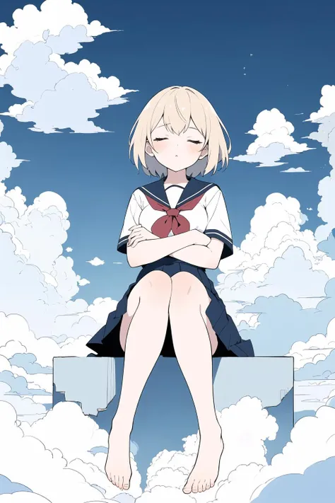 1girl, sleep, relaxed, closed eyes, tilt head, breasts, crossed arms, (beige hair, short hair),
(dark blue school uniform, dark blue skirt, barefoot),
(beautiful detailed sky, blue sky, above the clouds), (sitting on clouds), wind, full body, wide shot,
(flat color:1.2), (best quality, masterpiece:1.2, highres, hyper detailed), lineart