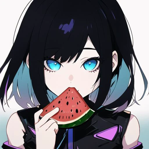 a girl eating watermelon,blue eyes,black hair,cyberpunk,purple highlights,full_shot,sixteen avatars,summer,the cool wind,