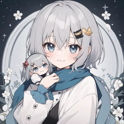masterpiece,best quality,1girl,closed mouth,:3 smile,shirokornd,grey hair,blue eye,hair ornament,looking at viewer,grey hair,blue shawl,short hair,chibi style,
