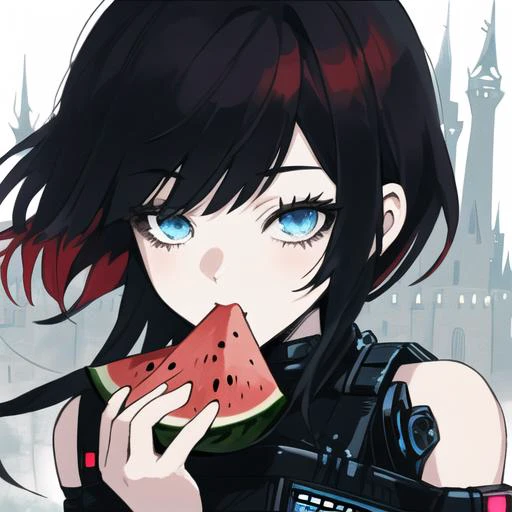 a girl eating watermelon,blue eyes,cyberpunk,full_shot,sixteen avatars,summer,the cool wind,castle,beard,red hair,