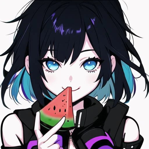 a girl eating watermelon,blue eyes,black hair,cyberpunk,purple highlights,full_shot,sixteen avatars,summer,the cool wind,seductive_smile,castle,