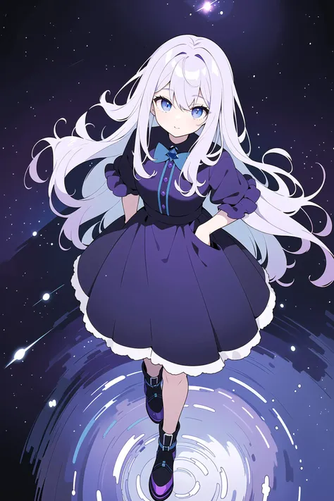 masterpiece,(best quality),(1girl) ,solo,(high contrast:1.2),(high saturation:1.2), ((hands on the pocket)),<lora:ArknightsIrene_hard:0.3>,((black and white sdress)),looking at viewer,((purple and blue theme:1.3)),((purple and blue background:1.5)),white hair,blue eyes,((walking:1.3)),full body,black footwear,((the blue water on ground reflecting the starry sky and nebula and galaxy)),((from above:1.2))