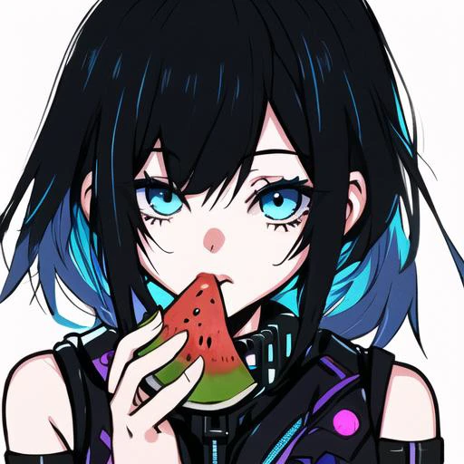 a girl eating watermelon,blue eyes,black hair,cyberpunk,purple highlights,full_shot,