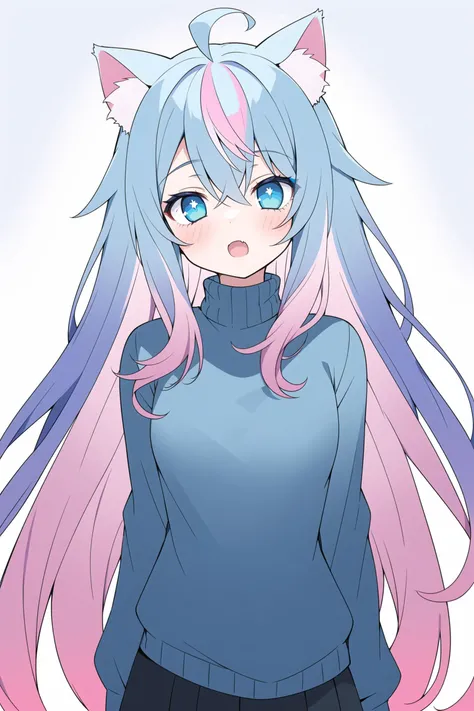 1girl, solo, cat ears, multicolored hair, ((gradient hair), white+(blue)+(pink:0.5) hair//), very long hair, messy hair, bangs, ahoge, ((gradient eyes), pink+light_blue eyes//), slit pupils, glowing eyes, 1fang,
:o,
white sweater,, masterpiece, best quality,