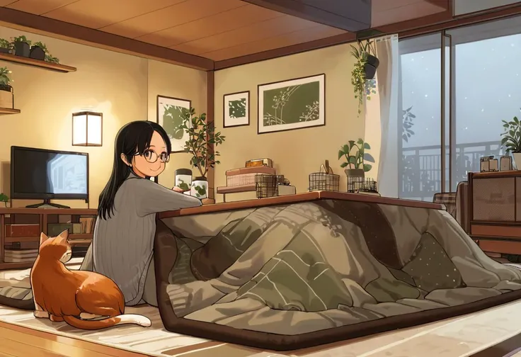 best quality, ultra-detailed, illustration,
kotatsu, plant, television, indoors, potted plant, plate, couch, food, rug, wooden floor,
1girl, solo, glasses, black hair, long hair, smile, looking at viewer, gray knit sweater, coffee mug, book, long sleeves, from side, window, night, lamp, night sky, curtains, cat,
 <lora:kotatsu_SDXL_V1:1> <lora:col_xl:1>