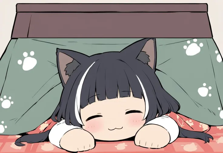 best quality, ultra-detailed, illustration, flat color,
kotatsu, under kotatsu, 1girl, chibi, solo, blush, simple background, black hair, closed eyes, lying, blunt bangs, streaked hair, cat ears, :3, table, sleeping, paw print, zzz, under table
<lora:col_xl:0.8> <lora:kotatsu_SDXL_V1:1>