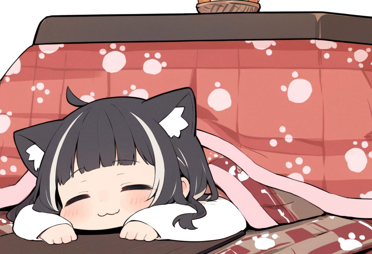 best quality, ultra-detailed, illustration, flat color,
kotatsu, under kotatsu, 1girl, chibi, solo, blush, simple background, black hair, closed eyes, lying, blunt bangs, streaked hair, cat ears, :3, table, sleeping, paw print, zzz, under table
<lora:col_xl:0.8> <lora:kotatsu_SDXL_V1:1>
