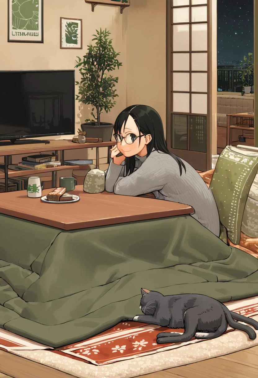 best quality, ultra-detailed, illustration,
kotatsu, plant, television, indoors, potted plant, plate, couch, food, rug, wooden floor,
1girl, solo, glasses, black hair, long hair, smile, looking at viewer, gray knit sweater, coffee mug, book, long sleeves, from side, window, night, lamp, night sky, curtains, cat,
<lora:kotatsu_SDXL_V1:1> <lora:col_xl:1>