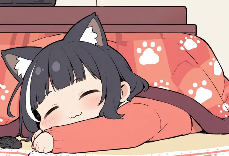 best quality, ultra-detailed, illustration, flat color,
kotatsu, under kotatsu, 1girl, chibi, solo, blush, simple background, black hair, closed eyes, lying, blunt bangs, streaked hair, cat ears, :3, table, sleeping, paw print, zzz, under table
<lora:col_xl:0.8> <lora:kotatsu_SDXL_V1:1>