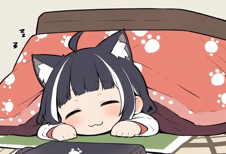 best quality, ultra-detailed, illustration, flat color,
kotatsu, under kotatsu, 1girl, chibi, solo, blush, simple background, black hair, closed eyes, lying, blunt bangs, streaked hair, cat ears, :3, table, sleeping, paw print, zzz, under table
<lora:col_xl:0.8> <lora:kotatsu_SDXL_V1:1>