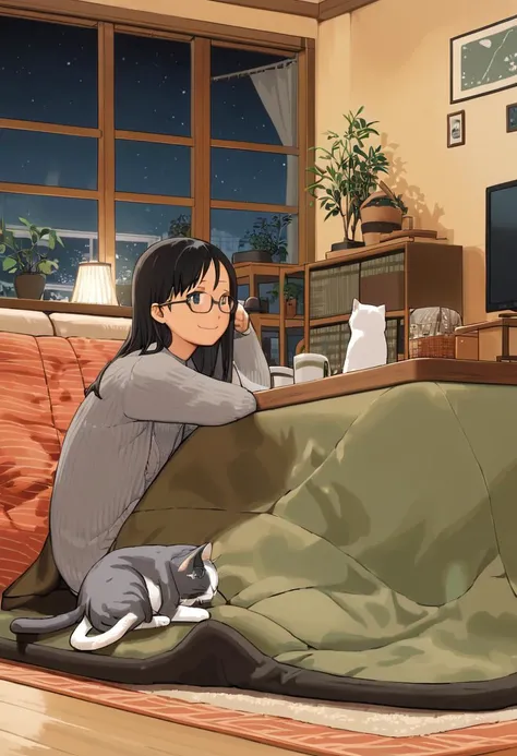 best quality, ultra-detailed, illustration,
kotatsu, plant, television, indoors, potted plant, plate, couch, food, rug, wooden floor,
1girl, solo, glasses, black hair, long hair, smile, looking at viewer, gray knit sweater, coffee mug, book, long sleeves, from side, window, night, lamp, night sky, curtains, cat,
<lora:kotatsu_SDXL_V1:1> <lora:col_xl:1>