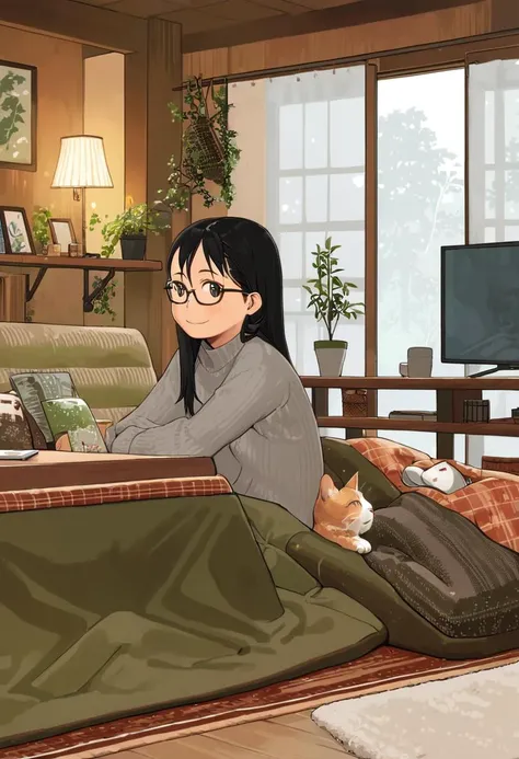 best quality, ultra-detailed, illustration,
kotatsu, plant, television, indoors, potted plant, plate, couch, food, rug, wooden floor,
1girl, solo, glasses, black hair, long hair, smile, looking at viewer, gray knit sweater, coffee mug, book, long sleeves, from side, window, night, lamp, night sky, curtains, cat,
<lora:kotatsu_SDXL_V1:1> <lora:col_xl:1>