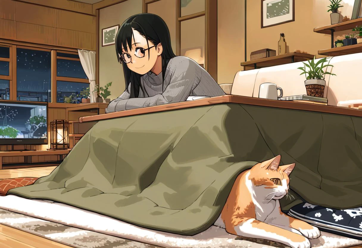 best quality, ultra-detailed, illustration,
kotatsu, plant, television, indoors, potted plant, plate, couch, food, rug, wooden floor,
1girl, solo, glasses, black hair, long hair, smile, looking at viewer, gray knit sweater, coffee mug, book, long sleeves, from side, window, night, lamp, night sky, curtains, cat,
<lora:kotatsu_SDXL_V1:1> <lora:col_xl:1>