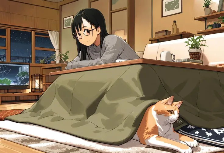 best quality, ultra-detailed, illustration,
kotatsu, plant, television, indoors, potted plant, plate, couch, food, rug, wooden floor,
1girl, solo, glasses, black hair, long hair, smile, looking at viewer, gray knit sweater, coffee mug, book, long sleeves, from side, window, night, lamp, night sky, curtains, cat,
<lora:kotatsu_SDXL_V1:1> <lora:col_xl:1>