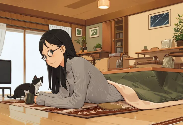 best quality, ultra-detailed, illustration,
kotatsu, plant, television, indoors, potted plant, plate, couch, food, rug, wooden floor,
1girl, solo, glasses, black hair, long hair, smile, looking at viewer, gray knit sweater, coffee mug, book, long sleeves, from side, window, night, lamp, night sky, curtains, cat,
<lora:kotatsu_SDXL_V1:1> <lora:col_xl:1>