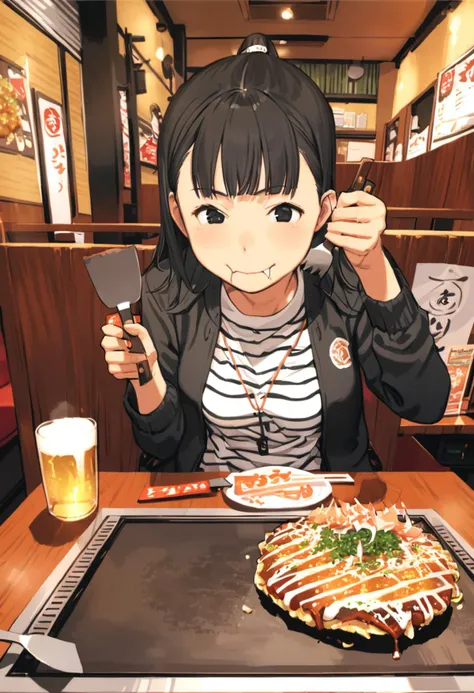 best quality, ultra-detailed, illustration, 
okonomiyaki, Teppan, 1girl, food, black hair, solo, holding, mug, indoors, fork, jacket, restaurant, plate, drinking, sitting, beer, bowl, alcohol, long sleeves, eating, table, beer mug, shirt, black eyes, holding cup, spatula, kote, wooden table
  <lora:okonomiyaki_SDXL_V1:1> <lora:col_xl:0.8>