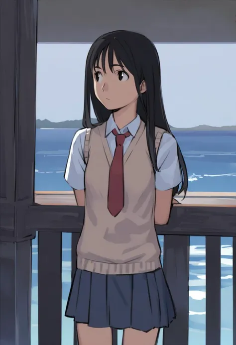 <lora:comiclo_a31:1>,1girl, solo, sweater vest, black hair, necktie, long hair, black eyes, school uniform, outdoors, sky, short sleeves, looking away, looking to the side, shirt, skirt, red necktie, ocean, railing, scenery, vest