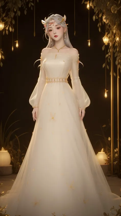 (1girl),smooth chin,masterpiece,detailed face,((hair ornament:1.7)),top quality,hand ornament,make up,best quality,alone,single,solo,only one,one character,blush,(body blush),(detached sleeves),earrings,(large breasts),full body,dress,long dress,see-through,yellow dress,lace dress,looking at viewer,<lora:s_I__ZZ~_v1.1:0.65>,thin face,silver hair,arms behind back,