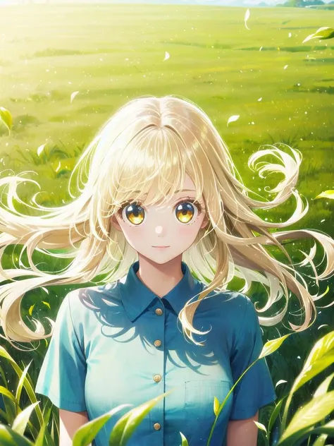 1girl, 
 blonde hair, floating hair, portrait, grass,  <lora:luminous_hair_blonde:1>