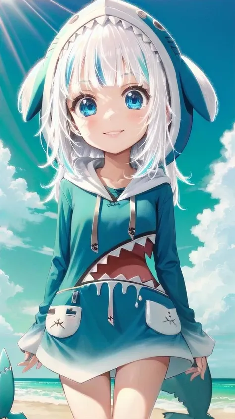 1girl, smile, gawr gura, blue hoodie, shark hood
 <lora:gura:0.8> <lora:luminous_hair_silver:1.3> <lora:body_size_control_v1.0:2>kawaii,