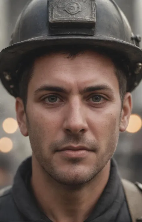 Grunge style new york firefighter,42 year old man,bokeh,f1.4,40mm,photorealistic,raw,8k,skin pores,dried-up,textured skin,intricate details,dramatic light,award winning,style by Dan Winters,RAW photography,film grain,(indistinguishable from reality:1.4),photo taken with a Bolex H16,hazel eyes,large man,muscular,striking features,character,thorough,. Textured,distressed,vintage,edgy,punk rock vibe,dirty,noisy,