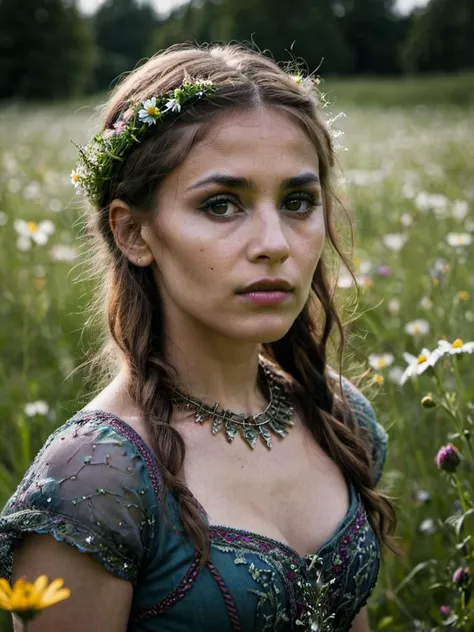 Reflector portrait shot of Djinn in Wildflower meadow, photorealistic, cinematic lighting, volumetric lighting, dark atmosphere,, (pale skin:0.05)
