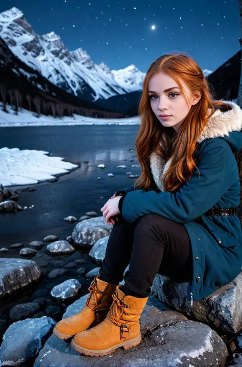 1girl, long ginger hair, petite, , sad expression, wearing a winter coat, wearing winter pants, wearing winter boots, sitting on a rock by a frozen mountain lake, midnight, moonlight, shot from the side,. (((epic-Ultra-HD-details, epic-Ultra-HD-highlights, epic-photo-same-realistic, upscaled-resolution, optimal)))