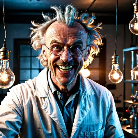 cinematic film still full body shot, realistic photography of a mad scientist in his laboratory, smiling crazy, chaotic laboratory, light from a old light bulb, detailed, perfect face,  <lora:add_detail:1> . shallow depth of field, vignette, highly detailed, high budget, bokeh, cinemascope, moody, epic, gorgeous, film grain, grainy