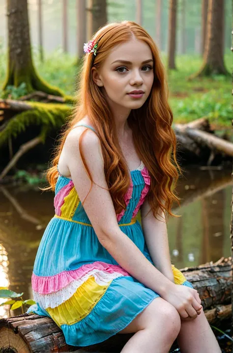 1girl, long ginger hair, petite, , calm expression, wearing a colorful sundress, sitting on a log at a misty forest pond, golden hour, shot from the side,. (((epic-Ultra-HD-details, epic-Ultra-HD-highlights, epic-photo-same-realistic, upscaled-resolution, optimal)))