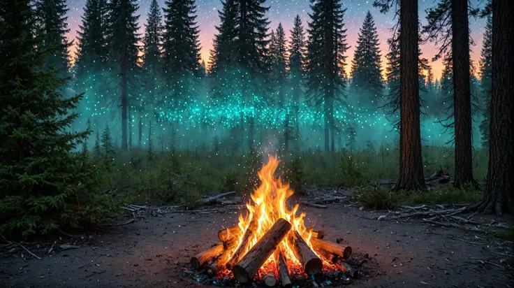 turquoise rflames, efractive magic campfire, evergreen trees, forest, dusk, fireflies, stars, scenic, sky, dust particles, glowing specks