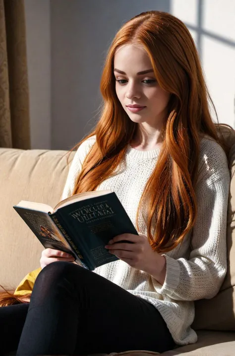 1girl, long ginger hair, petite, , wearing comfortable clothes, sitting on a couch, reading a book, shadows, relaxed, elegant,. (((epic-Ultra-HD-details, epic-Ultra-HD-highlights, epic-photo-same-realistic, upscaled-resolution, optimal)))