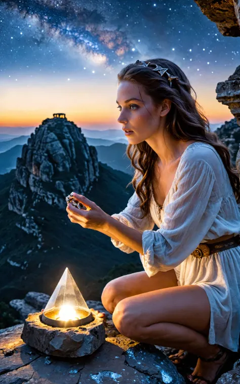 cinematic film still, highest quality, masterpiece, RAW photo of cyberpunk [cyborg|female] monk with Curled Updo hair meditating on the [Precipice|Summit] of towering majestic mountain, wearing [authentic|skimpy] Buddhist robes, half human half machine, ((NIGHT)), moonlight illumination, (backlighting:0.7), deep depth of field, photographed on a Canon EOS R3 , 50mm wide angle lens, F/8 aperture, sharp focus, (highly detailed, intricately detailed), cool color temperature, tranquil, 8k, absurdres, from behind, big ass, full body