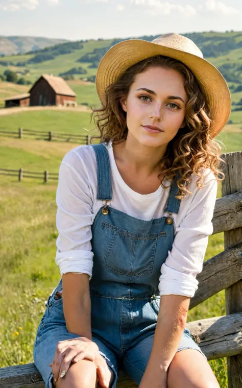 (quaint countryside setting, summer day), young adult woman, rustic casual summer fashion, (sitting on a wooden fence), thoughtful and serene pose, shoulder-length curly hair, light, sun-kissed makeup, (denim overalls over a simple white tshirt), comfortable boots, (holding a straw hat), (background: rolling hills, a distant barn, wildflowers), soft sunlight, (sense of relaxation and connection with the rural landscape)