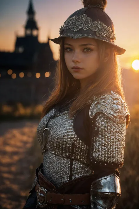 (masterpiece),(extremely intricate:1.3),(realistic),portrait of a girl,the most beautiful in the world,(medieval armor),metal reflections,upper body,outdoors,intense sunlight,far away castle,professional photograph of a stunning woman detailed,sharp focus,dramatic,award winning,cinematic lighting,octane render  unreal engine,volumetrics dtx,(film grain, blurry background, blurry foreground, bokeh, depth of field, sunset, motion blur:1.3),chainmail,<lora:ZSkuijia-200:0.65>,cowboy_shot,