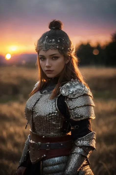 (masterpiece),(extremely intricate:1.3),(realistic),portrait of a girl,the most beautiful in the world,(medieval armor),metal reflections,upper body,outdoors,intense sunlight,far away castle,professional photograph of a stunning woman detailed,sharp focus,dramatic,award winning,cinematic lighting,octane render unreal engine,volumetrics dtx,(film grain, blurry background, blurry foreground, bokeh, depth of field, sunset, motion blur:1.3),chainmail,<lora:ZSkuijia-200:0.65>,cowboy_shot,