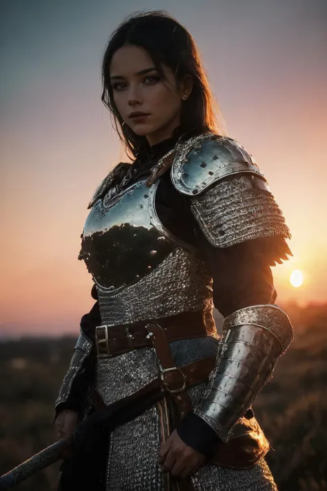 (masterpiece),(extremely intricate:1.3),(realistic),portrait of a girl,the most beautiful in the world,(medieval armor),metal reflections,upper body,outdoors,intense sunlight,far away castle,professional photograph of a stunning woman detailed,sharp focus,dramatic,award winning,cinematic lighting,octane render unreal engine,volumetrics dtx,(film grain, blurry background, blurry foreground, bokeh, depth of field, sunset, motion blur:1.3),chainmail,<lora:ZSkuijia-200:0.65>,cowboy_shot,