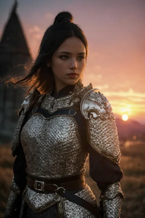(masterpiece),(extremely intricate:1.3),(realistic),portrait of a girl,the most beautiful in the world,(medieval armor),metal reflections,upper body,outdoors,intense sunlight,far away castle,professional photograph of a stunning woman detailed,sharp focus,dramatic,award winning,cinematic lighting,octane render unreal engine,volumetrics dtx,(film grain, blurry background, blurry foreground, bokeh, depth of field, sunset, motion blur:1.3),chainmail,<lora:ZSkuijia-200:0.65>,cowboy_shot,