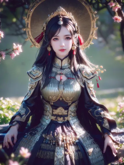 ((medium bSymmetrical, high-detail original color photo professional close-up, [ : (high-detail face: 1.2) : 0.1] , (PureErosFace v 1:0.8) , full-body portrait, pores, real skin,  hair band, flying hair, (grey hair 0.4) , ancient headdress, hairpin, smile, affectionate eyes, sparkling eyes, beautiful scene, sitting in the flowers, shadow, Backlight, natural light, obscurity Lens, hard focus, film particles, shooting photos, portrait photos,zskuijia,Chinese armor,sword, armor, <lora:ZSkuijia-250:1>