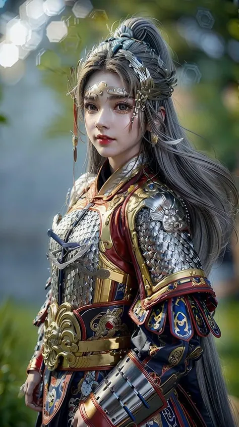 [ : (high-detail face:1.2) : 0.1], (PureErosFace v 1:0.8), ((body portrait)), pores, real skin, hair band, flying hair, (grey hair 0.4), ancient headdress, hairpin, smile, affectionate eyes, sparkling eyes, beautiful scene, shadow, Backlight, natural light, film particles, zskuijia, Chinese armor, sword, Chinese architecture, <lora:ZSkuijia-200:0.8>, <lora:add_detail:0.6>, Grassland, Trees, <lora:menglong:0.6>, <lora:trend-FS-120:0.4>,