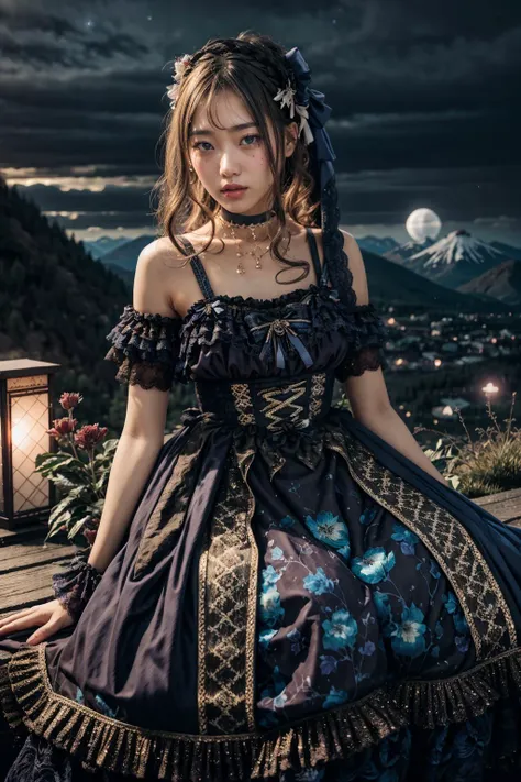(realistic:1.3), finely detailed, quality, rembrandt lighting, (masterpiece:1.2), (photorealistic:1.2), (best quality), (detailed skin:1.3), (intricate details), dramatic, ray tracing, 1girl, japanese girl, 21 years old, detailed skin texture, (blush:0.5), (goosebumps:0.5), subsurface scattering, smiling, medium breasts, long hair curls, bangs, hair between eyes, headdress, hair ornament, choker, ribbon, bow, blue dress, long dress, lace, frills, xyfd \(manaka nemu\), cowboy shot, sitting, (arms at side:1.2), (night, night sky, outdoors, flowers, overlooking a valley, mountains far away), <lora:Dress No.17 V3 xyfd-000008:1>