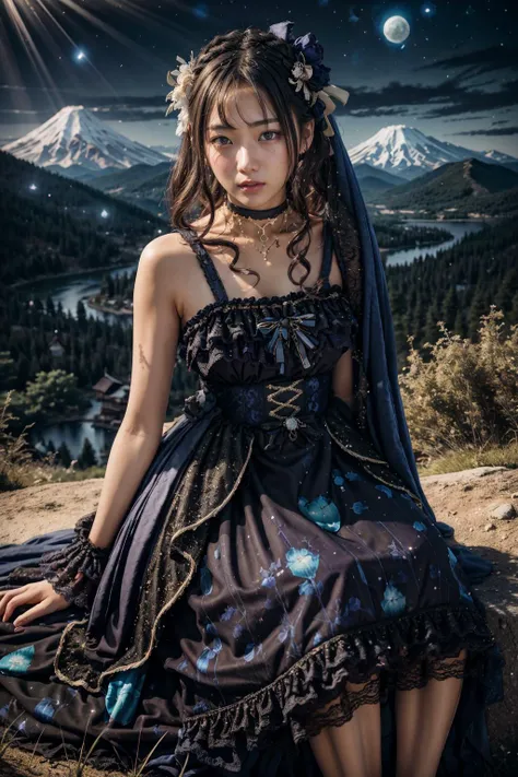 (realistic:1.3), finely detailed, quality, rembrandt lighting, (masterpiece:1.2), (photorealistic:1.2), (best quality), (detailed skin:1.3), (intricate details), dramatic, ray tracing, 1girl, japanese girl, 21 years old, detailed skin texture, (blush:0.5), (goosebumps:0.5), subsurface scattering, smiling, medium breasts, long hair curls, bangs, hair between eyes, headdress, hair ornament, choker, ribbon, bow, blue dress, long dress, lace, frills, xyfd \(manaka nemu\), cowboy shot, sitting, (arms at side:1.2), (night, night sky, outdoors, flowers, overlooking a valley, mountains far away), <lora:Dress No.17 V3 xyfd-000008:1>