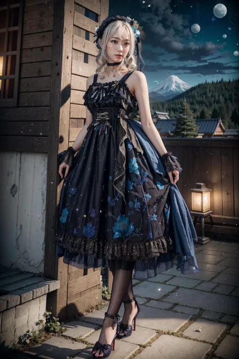 (realistic:1.3), finely detailed, quality, rembrandt lighting, (masterpiece:1.2), (photorealistic:1.2), (best quality), (detailed skin:1.3), (intricate details), dramatic, ray tracing, 1girl, japanese girl, 21 years old, detailed skin texture, (blush:0.5), (goosebumps:0.5), subsurface scattering, smiling, medium breasts, long hair curls, bangs, hair between eyes, headdress, hair ornament, choker, ribbon, bow, blue dress, long dress, lace, frills, xyfd \(manaka nemu\), high heels, full body, (arms at side:1.2), (strolling, night, night sky, outdoors, flowers, overlooking a valley, mountains far away), <lora:Dress No.17 V3 xyfd-000008:1>