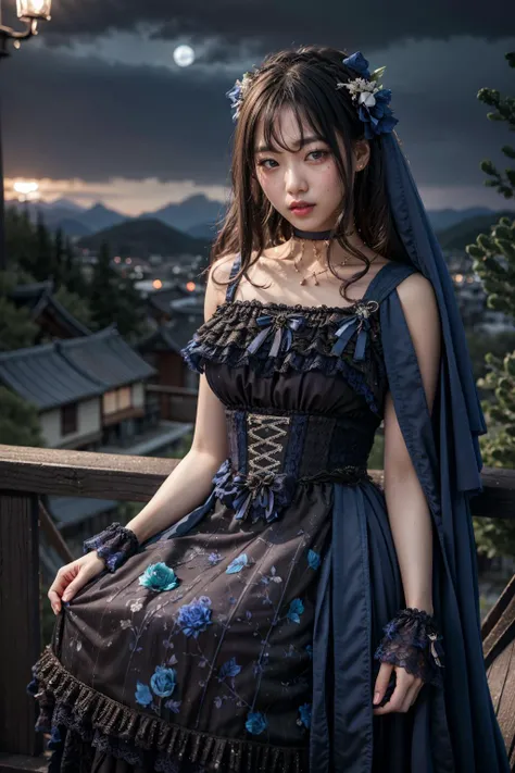 (realistic:1.3), finely detailed, quality, rembrandt lighting, (masterpiece:1.2), (photorealistic:1.2), (best quality), (detailed skin:1.3), (intricate details), dramatic, ray tracing, 1girl, japanese girl, 21 years old, detailed skin texture, (blush:0.5), (goosebumps:0.5), subsurface scattering, smiling, medium breasts, long hair curls, bangs, hair between eyes, headdress, hair ornament, choker, ribbon, bow, blue dress, long dress, lace, frills, xyfd \(manaka nemu\), cowboy shot, (arms at side:1.2), (night, night sky, outdoors, flowers, overlooking a valley, mountains far away), <lora:Dress No.17 V3 xyfd-000008:1>