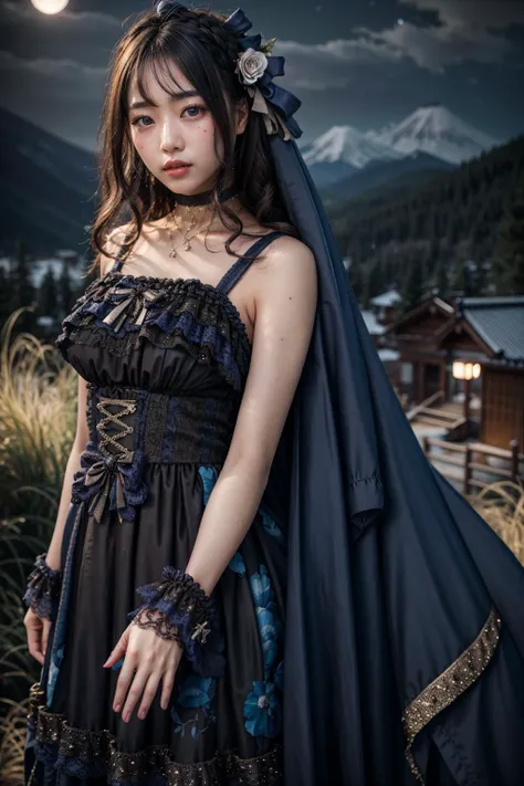 (realistic:1.3), finely detailed, quality, rembrandt lighting, (masterpiece:1.2), (photorealistic:1.2), (best quality), (detailed skin:1.3), (intricate details), dramatic, ray tracing, 1girl, japanese girl, 21 years old, detailed skin texture, (blush:0.5), (goosebumps:0.5), subsurface scattering, smiling, medium breasts, long hair curls, bangs, hair between eyes, headdress, hair ornament, choker, ribbon, bow, blue dress, long dress, lace, frills, xyfd \(manaka nemu\), cowboy shot, (arms at side:1.2), (night, night sky, outdoors, flowers, overlooking a valley, mountains far away), <lora:Dress No.17 V3 xyfd-000008:1>