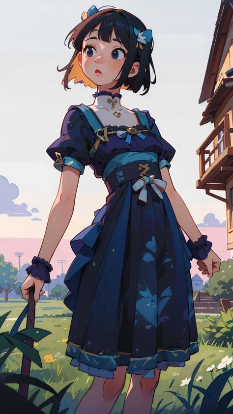 best quality, ultra high res, (photorealistic:1.4), masterpiece, highres, original, extremely detailed wallpaper, 
lawn, sky, 
1girl, solo, xyfd \(manaka nemu\), blue dress, 
arm held back, <lora:è´é¢neg4all_bdsqlsz:0.8>,