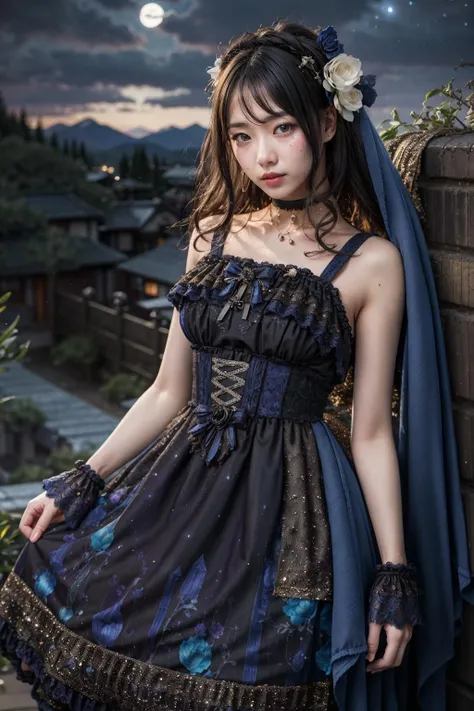 (realistic:1.3), finely detailed, quality, rembrandt lighting, (masterpiece:1.2), (photorealistic:1.2), (best quality), (detailed skin:1.3), (intricate details), dramatic, ray tracing, 1girl, japanese girl, 21 years old, detailed skin texture, (blush:0.5), (goosebumps:0.5), subsurface scattering, smiling, medium breasts, long hair curls, bangs, hair between eyes, headdress, hair ornament, choker, ribbon, bow, blue dress, long dress, lace, frills, xyfd \(manaka nemu\), cowboy shot, (arms at side:1.2), (night, night sky, outdoors, flowers, overlooking a valley, mountains far away), <lora:Dress No.17 V3 xyfd-000008:1>