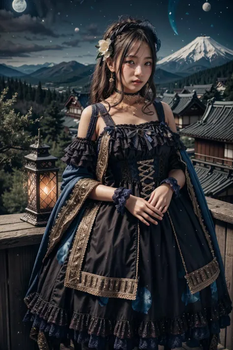 (realistic:1.3), finely detailed, quality, rembrandt lighting, (masterpiece:1.2), (photorealistic:1.2), (best quality), (detailed skin:1.3), (intricate details), dramatic, ray tracing, 1girl, japanese girl, 21 years old, detailed skin texture, (blush:0.5), (goosebumps:0.5), subsurface scattering, smiling, medium breasts, long hair curls, bangs, hair between eyes, headdress, hair ornament, choker, ribbon, bow, blue dress, long dress, lace, frills, xyfd \(manaka nemu\), cowboy shot, (arms at side:1.2), (night, night sky, outdoors, flowers, overlooking a valley, mountains far away), <lora:Dress No.17 V3 xyfd-000008:1>